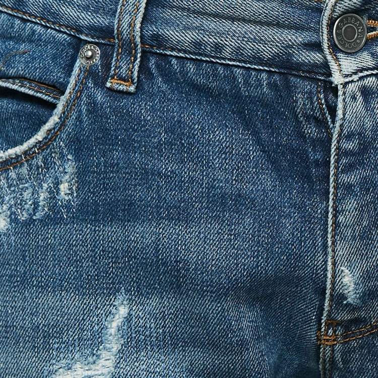 Pre Owned Dolce & Gabbana Navy Blue Angel Applique Denim Ripped Jeans M Waist 34"