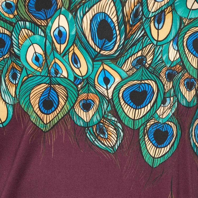 Pre Owned Dolce & Gabbana Burgundy Peacock Feather Print Cotton T-Shirt XXL