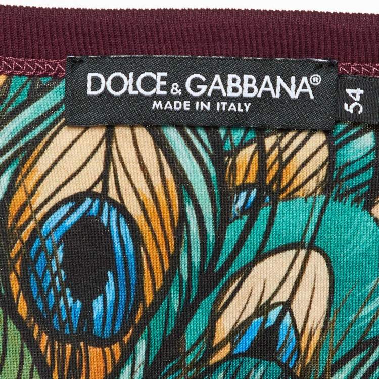 Pre Owned Dolce & Gabbana Burgundy Peacock Feather Print Cotton T-Shirt XXL