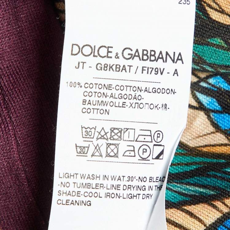 Pre Owned Dolce & Gabbana Burgundy Peacock Feather Print Cotton T-Shirt XXL