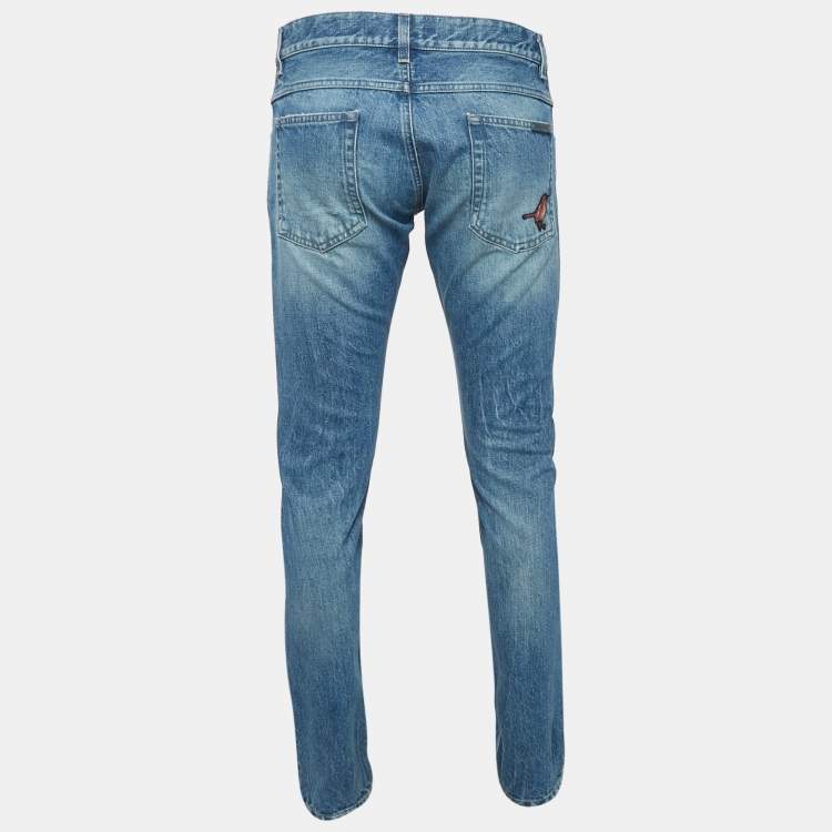 Pre Owned Dolce & Gabbana Blue Bird Applique Denim Ripped Jeans M Waist 32"