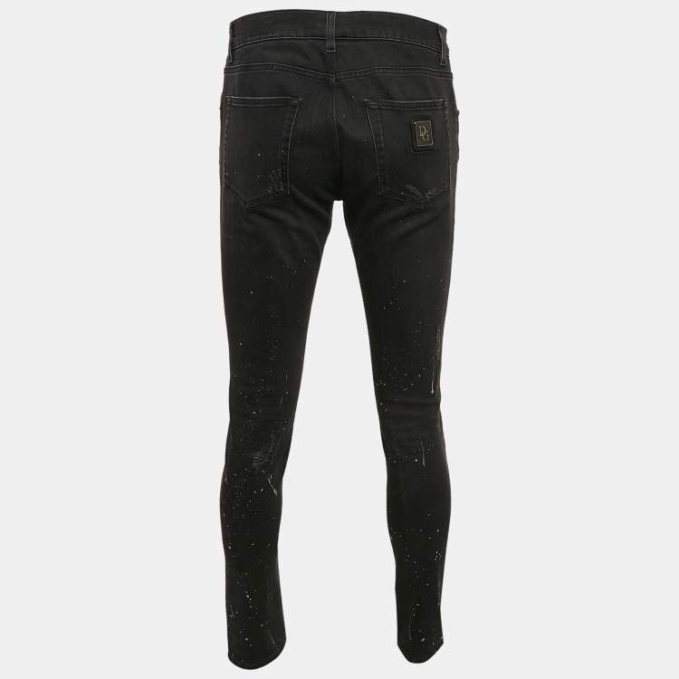 Pre Owned Dolce & Gabbana Black Paint Splashed Denim Ripped Slim Jeans L Waist 33"
