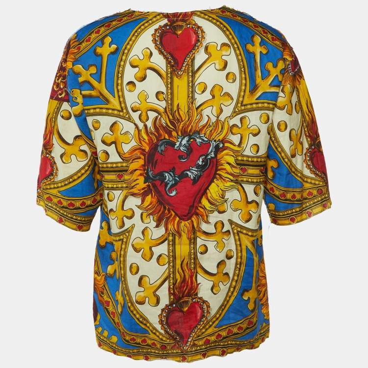 Pre Owned Dolce & Gabbana Multicolor Sacred Heart Print Linen & Cotton Oversized T-Shirt L