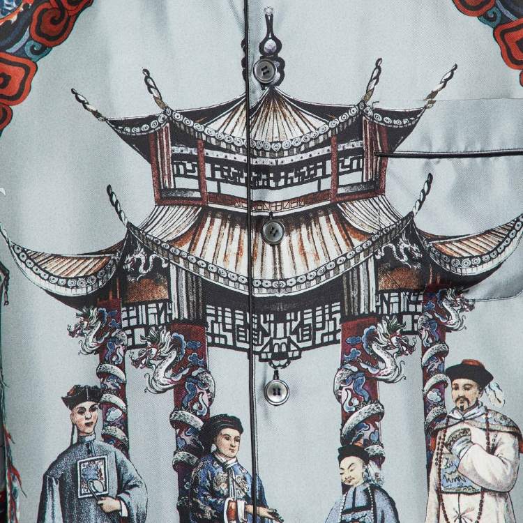 Pre Owned Dolce & Gabbana Grey Chinese Temple Print Silk Vanity Shirt L