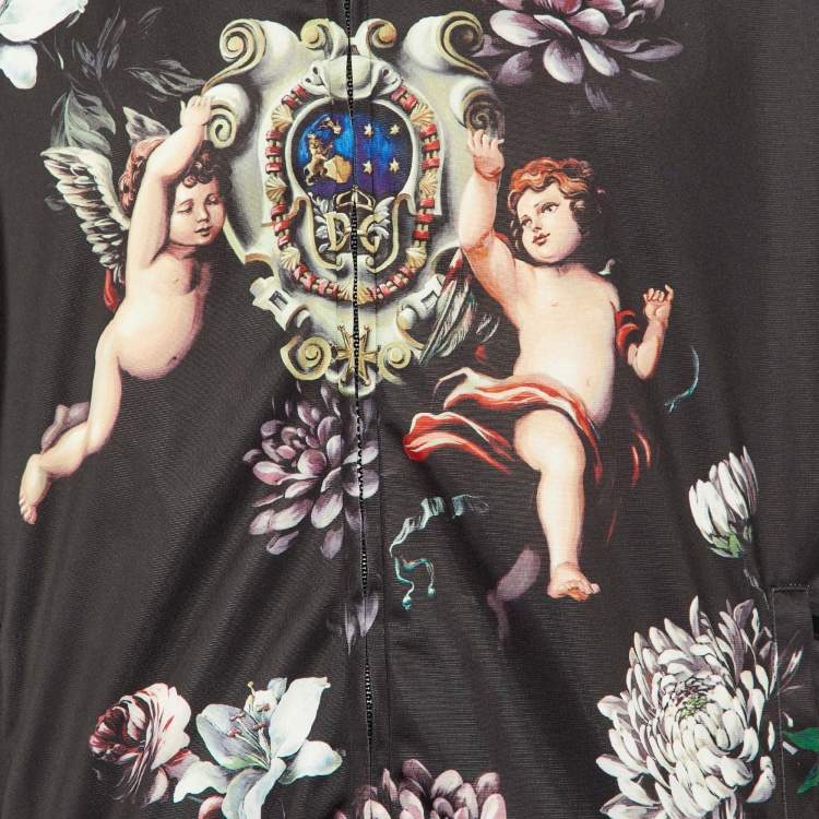 Pre Owned Dolce & Gabbana Black Floral Angels Print Satin Bomber Jacket M