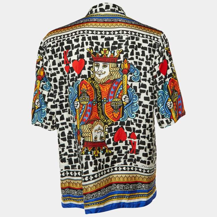 Pre Owned Dolce & Gabbana Multicolor King of Hearts Print Silk Short Sleeve Shirt L