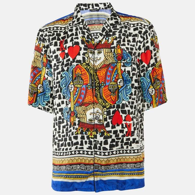 Pre Owned Dolce & Gabbana Multicolor King of Hearts Print Silk Short Sleeve Shirt L