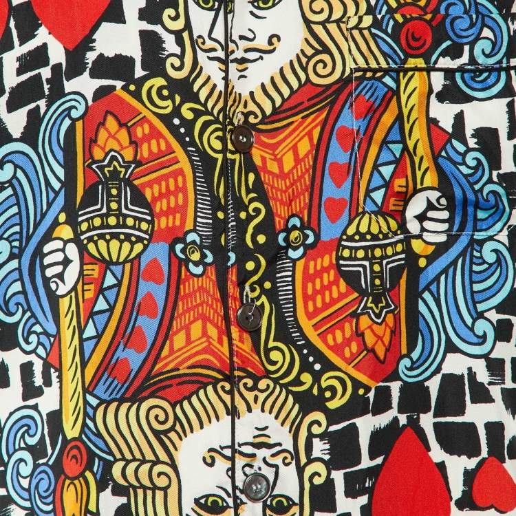 Pre Owned Dolce & Gabbana Multicolor King of Hearts Print Silk Short Sleeve Shirt L