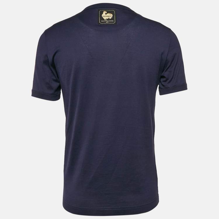 Pre Owned Dolce & Gabbana Navy Blue Rooster Print and Embellished Cotton T-Shirt M