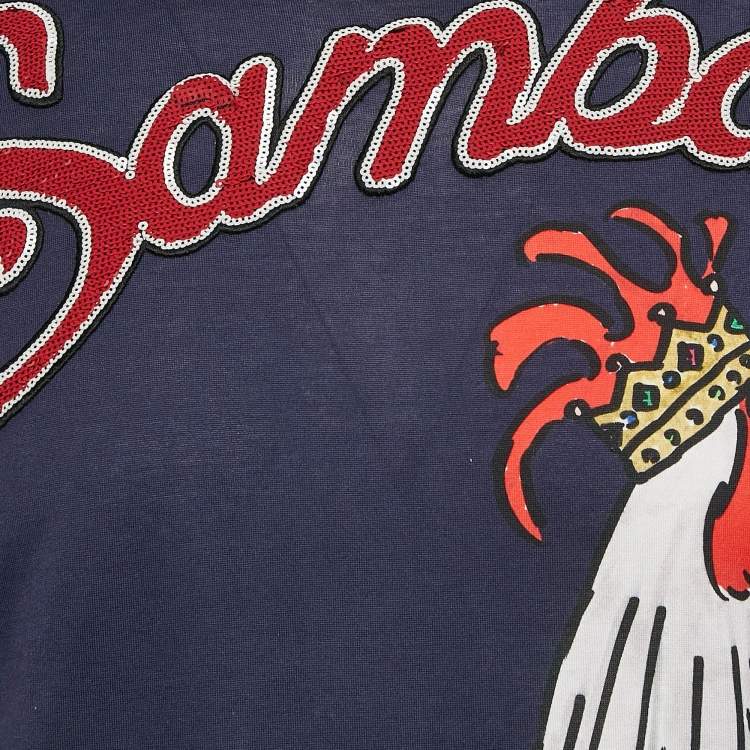 Pre Owned Dolce & Gabbana Navy Blue Rooster Print and Embellished Cotton T-Shirt M