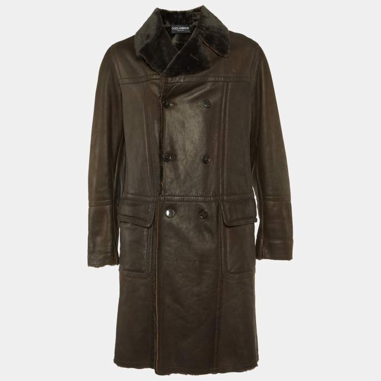 Pre Owned Dolce & Gabbana Brown Leather & Fur Lined Double Breasted Coat L