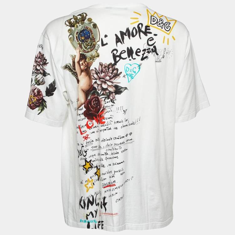 مملوكة مسبقًا Dolce & Gabbana White Doodle Print Cotton Crew Neck T-Shirt XL