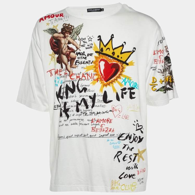 مملوكة مسبقًا Dolce & Gabbana White Doodle Print Cotton Crew Neck T-Shirt XL
