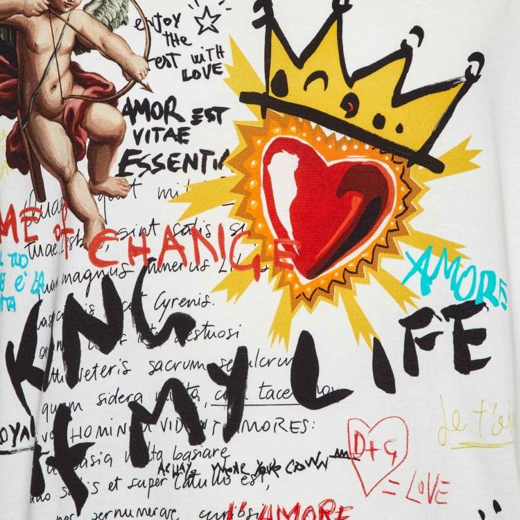 مملوكة مسبقًا Dolce & Gabbana White Doodle Print Cotton Crew Neck T-Shirt XL