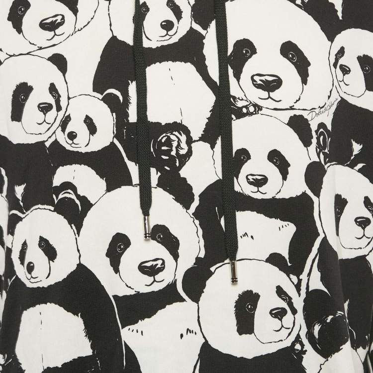 Pre Owned Dolce & Gabbana Black/White Pandas Print Cotton Knit Hooded Sweatshirt XXL