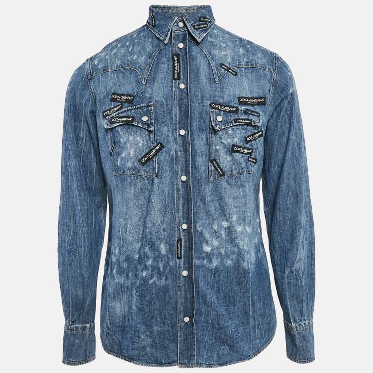 مملوكة مسبقًا Dolce & Gabbana Blue Distressed Denim Button Front Shirt XL