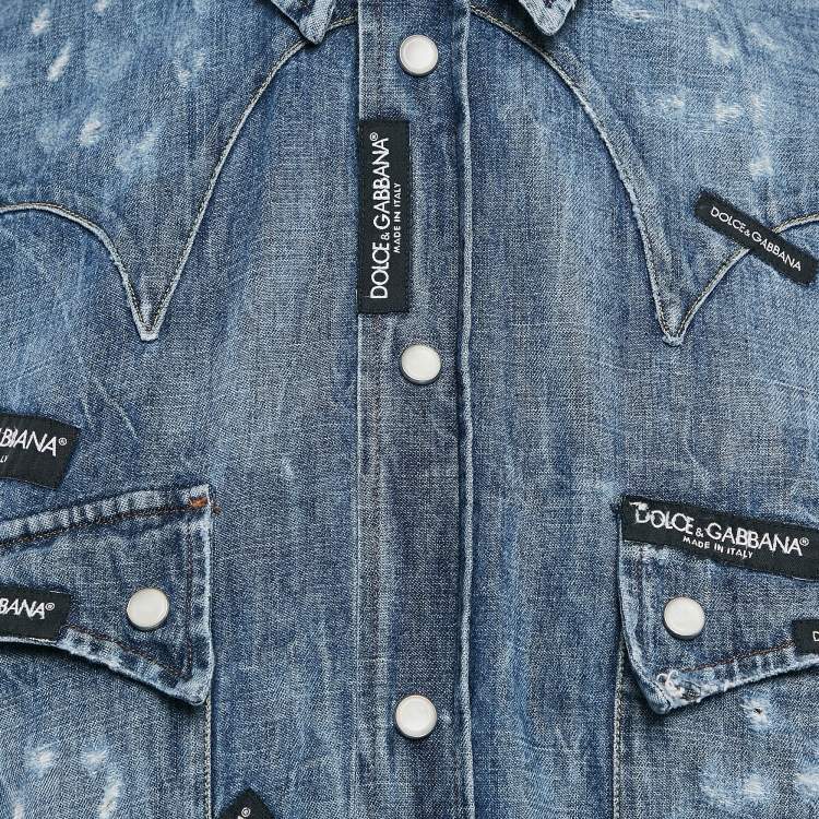 مملوكة مسبقًا Dolce & Gabbana Blue Distressed Denim Button Front Shirt XL