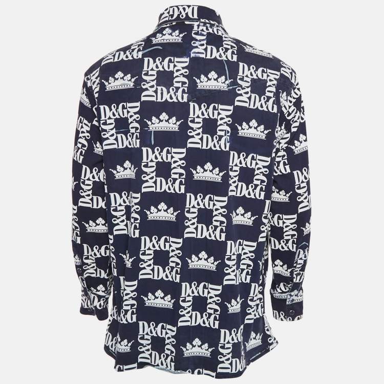 Pre Owned Dolce & Gabbana Navy Blue Logo Print Denim Button Front Shirt M