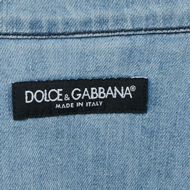 Pre Owned Dolce & Gabbana Navy Blue Logo Print Denim Button Front Shirt M