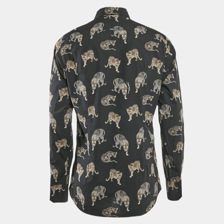 Pre Owned Dolce & Gabbana Gold Black Animal Print Cotton Button Front Shirt XL