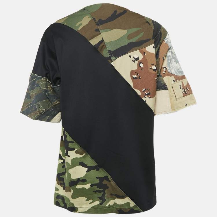 Pre Owned Dolce & Gabbana Black/Green Camouflage Denim and Jersey Patchwork T-Shirt M