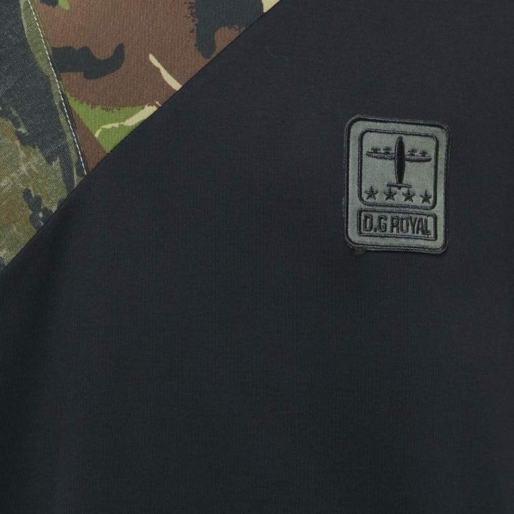 Pre Owned Dolce & Gabbana Black/Green Camouflage Denim and Jersey Patchwork T-Shirt M