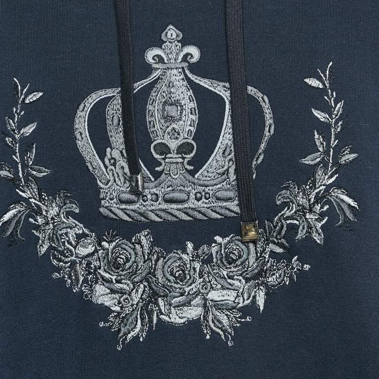Pre Owned Dolce & Gabbana Navy Blue Crown Embroidered Cotton Knit Hoodie XXL