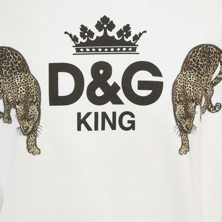 Pre Owned Dolce & Gabbana White Logo Print Cotton Leopard Applique Sweatshirt XL