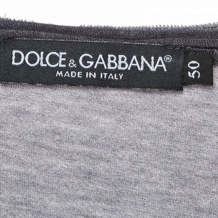Pre Owned Dolce & Gabbana Grey Printed Viscose/Wool Crew Neck T-Shirt L