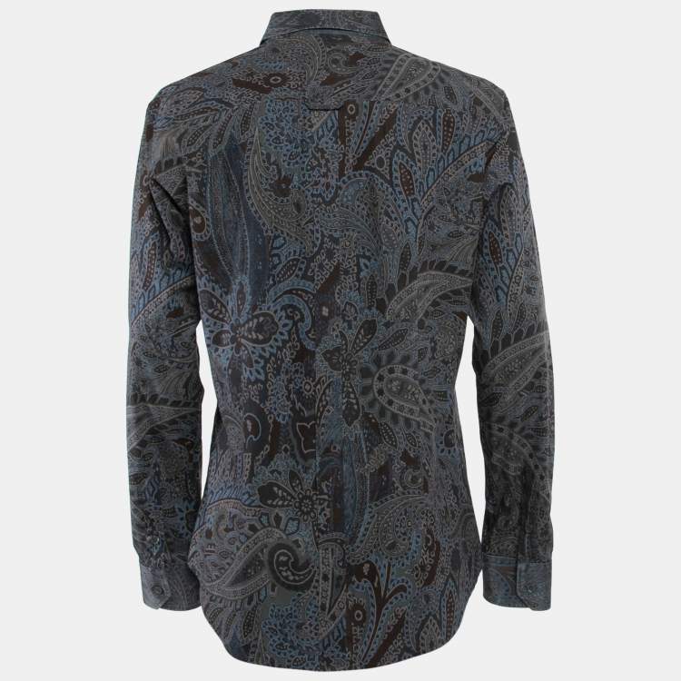 Pre Owned D&G Blue Paisley Print Cotton Ruffled Placket Shirt XXL