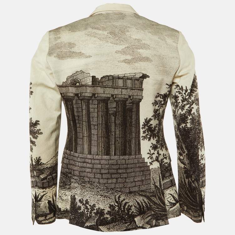 Pre Owned Dolce & Gabbana Cream Printed Cotton Button Front Blazer L