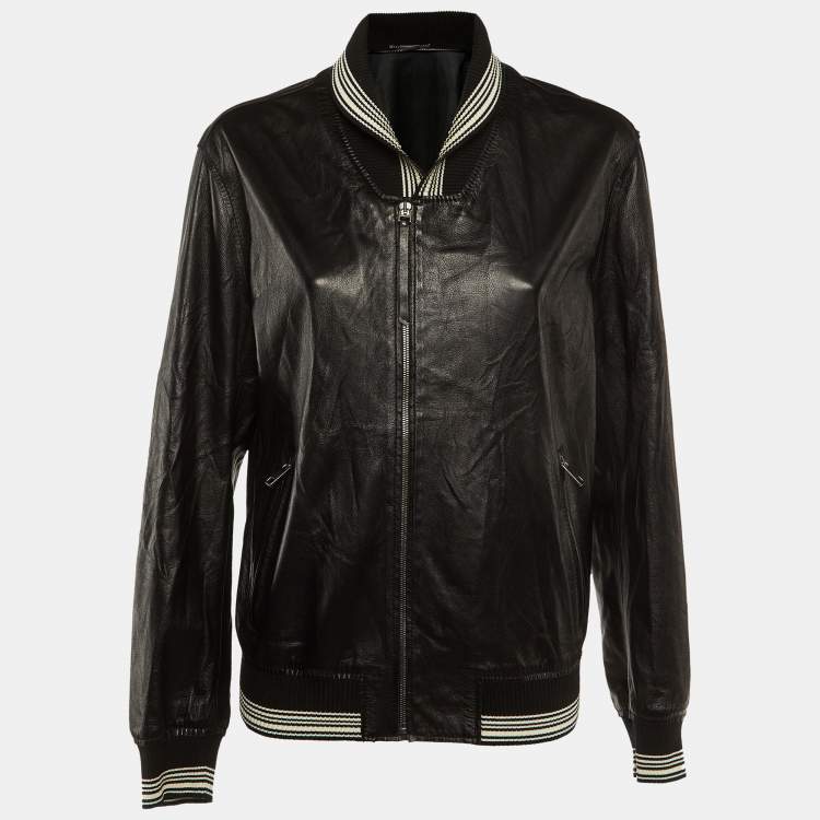 Pre Owned Dolce & Gabbana Black Leather Striped Knit Detail Bomber Jacket XL