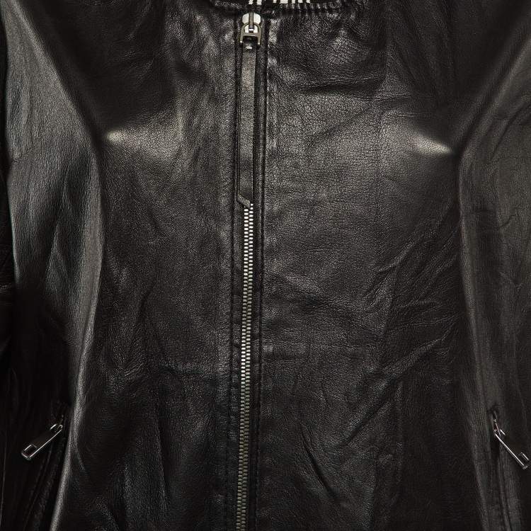 Pre Owned Dolce & Gabbana Black Leather Striped Knit Detail Bomber Jacket XL