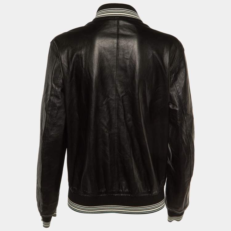 Pre Owned Dolce & Gabbana Black Leather Striped Knit Detail Bomber Jacket XL