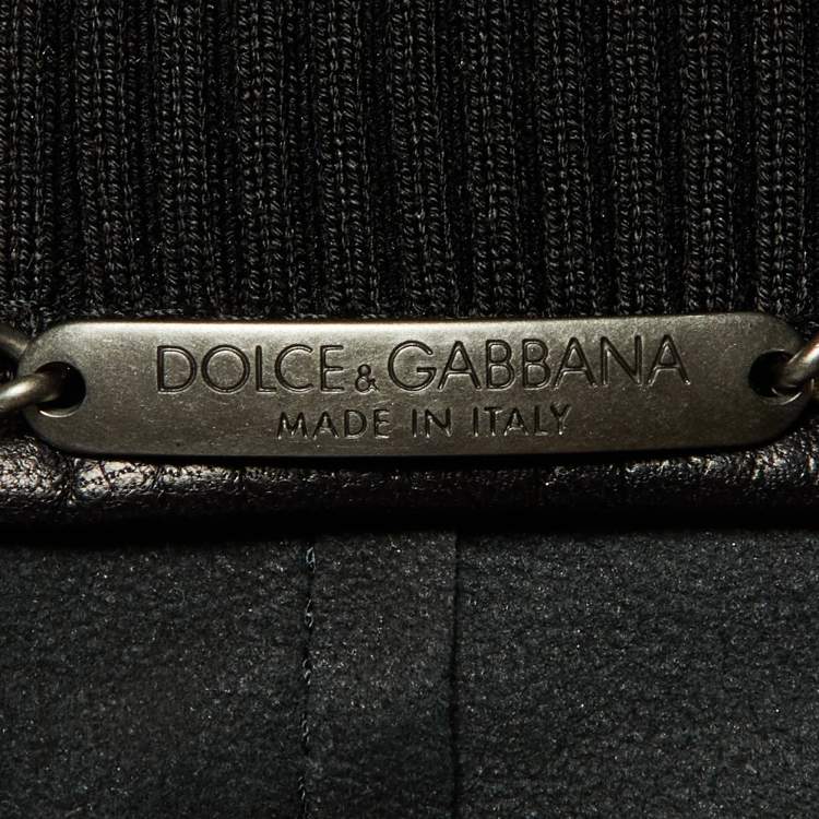 Pre Owned Dolce & Gabbana Black Leather Striped Knit Detail Bomber Jacket XL