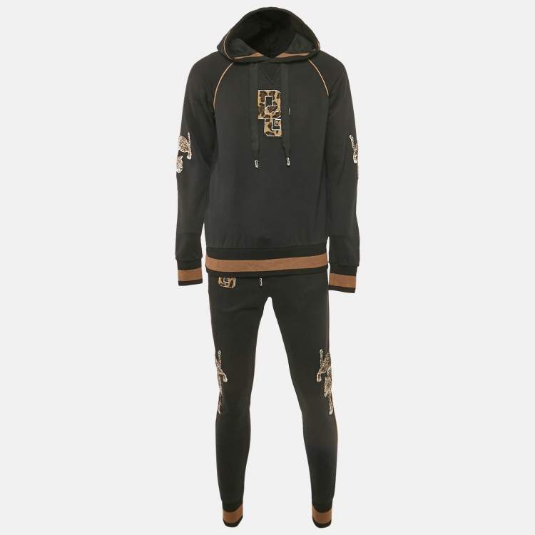 Pre Owned Dolce & Gabbana Black Leopard Embroidery Cotton Knit Hoodie and Pants Set S