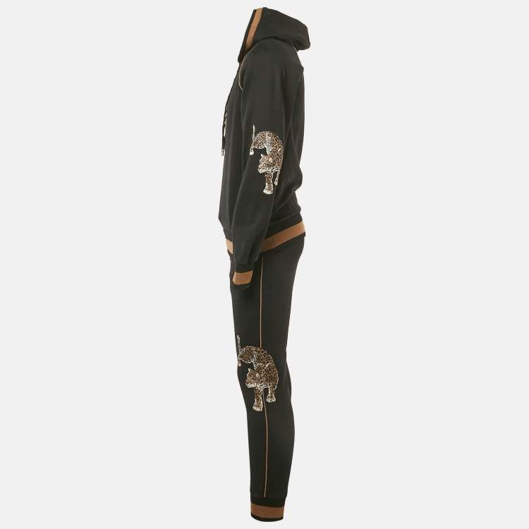 Pre Owned Dolce & Gabbana Black Leopard Embroidery Cotton Knit Hoodie and Pants Set S