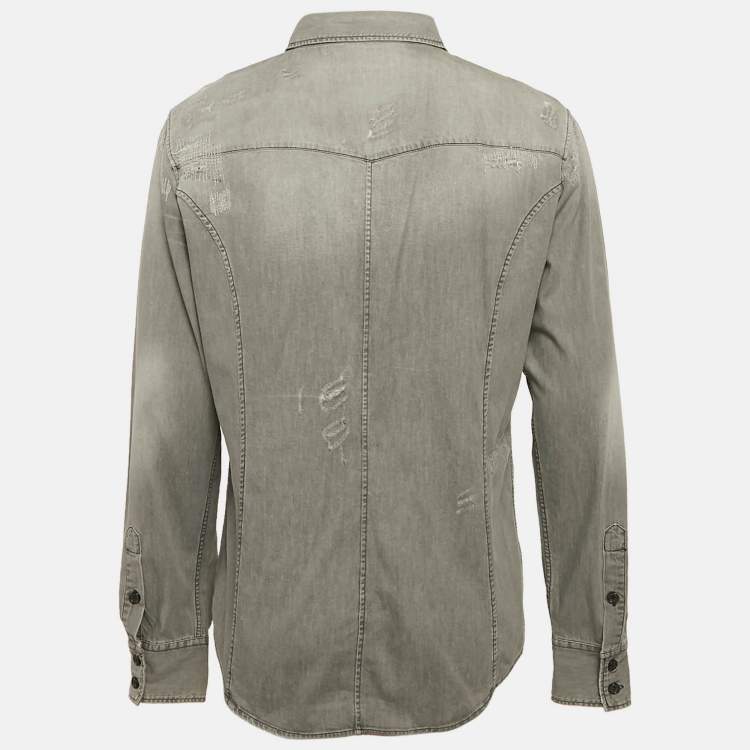 Pre Owned Dolce & Gabbana Grey Distressed Denim Gold Shirt XXL