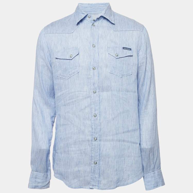 مملوكة مسبقًا Dolce & Gabbana Blue Striped Linen Blend Slim Fit Shirt XL