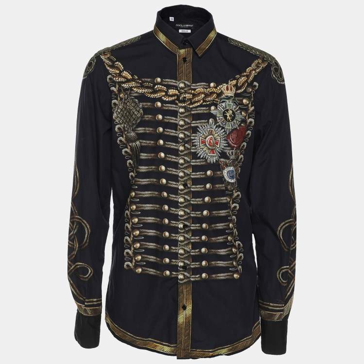 Pre Owned Dolce & Gabbana Navy Blue Printed Cotton Button Front Gold Shirt M