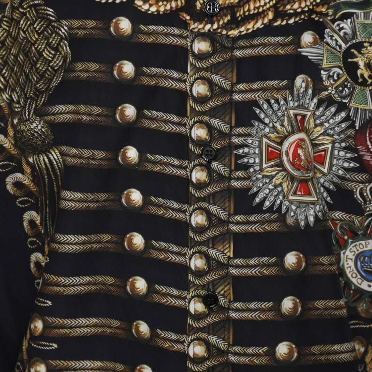 Pre Owned Dolce & Gabbana Navy Blue Printed Cotton Button Front Gold Shirt M