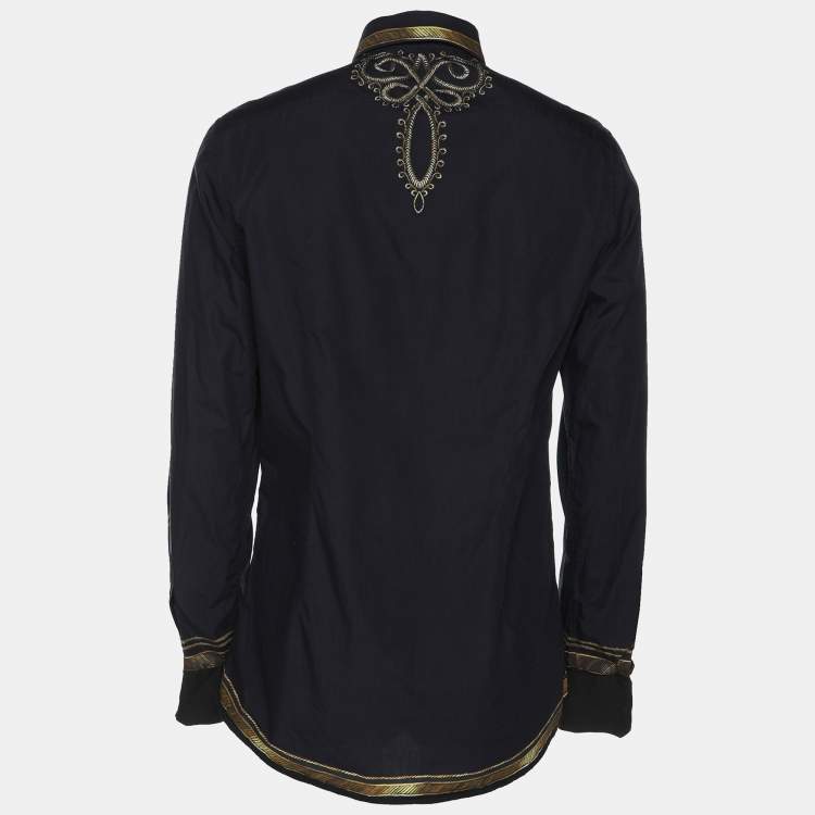 Pre Owned Dolce & Gabbana Navy Blue Printed Cotton Button Front Gold Shirt M