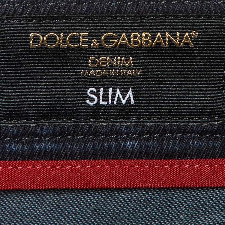 Pre Owned Dolce & Gabbana Dark Blue Denim Floral Detail Slim Fit Jeans L/Waist 35.5"