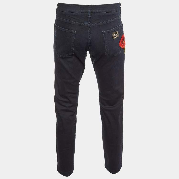 Pre Owned Dolce & Gabbana Dark Blue Denim Floral Detail Slim Fit Jeans L/Waist 35.5"