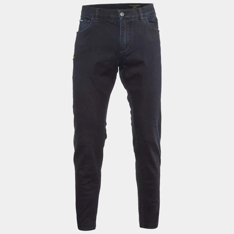Pre Owned Dolce & Gabbana Dark Blue Denim Floral Detail Slim Fit Jeans L/Waist 35.5"