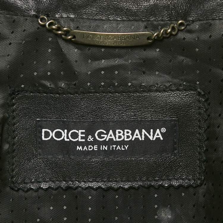 Pre Owned Dolce & Gabbana Black Rib Kit Trim Leather Zip-Up Jacket XL