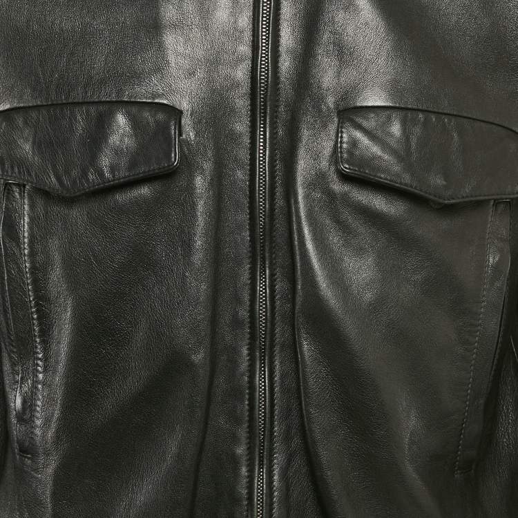 Pre Owned Dolce & Gabbana Black Rib Kit Trim Leather Zip-Up Jacket XL