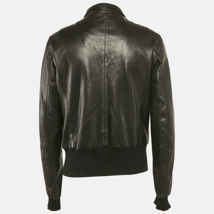Pre Owned Dolce & Gabbana Black Rib Kit Trim Leather Zip-Up Jacket XL