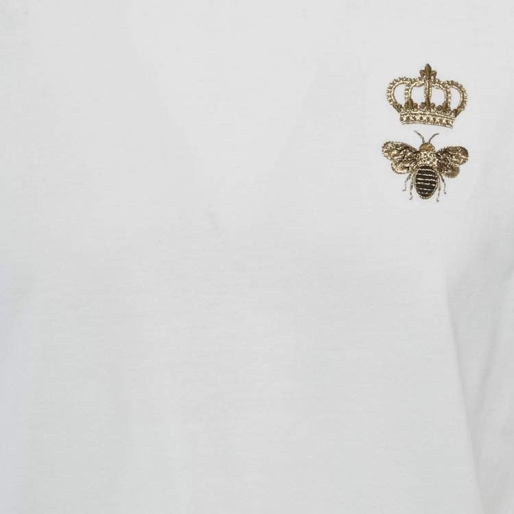 Pre Owned Dolce & Gabbana White Crown & Bee Embroidered Cotton T-Shirt L