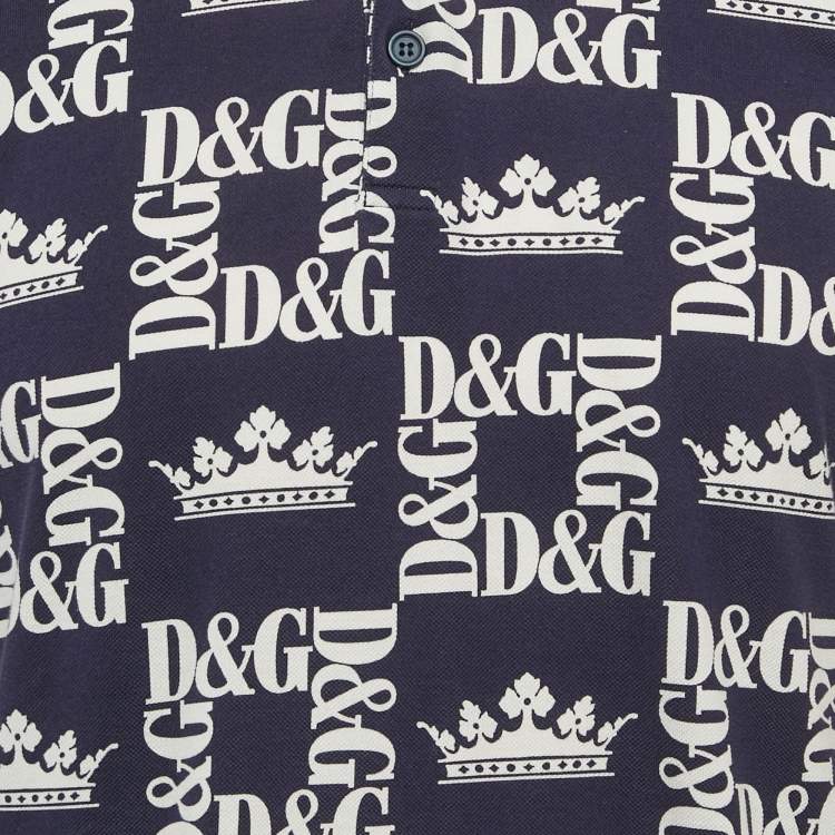 Pre Owned Dolce & Gabbana Navy Blue D&G Print Cotton Polo T-Shirt L
